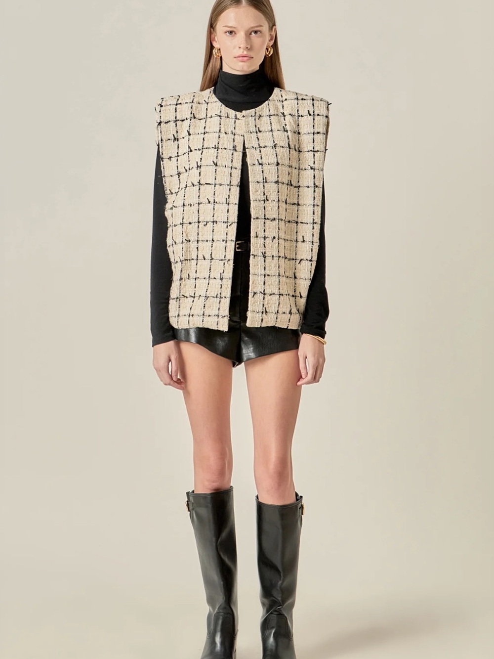 English Factory Premium Tweed Vest with Shoulder Pads Cream and Black